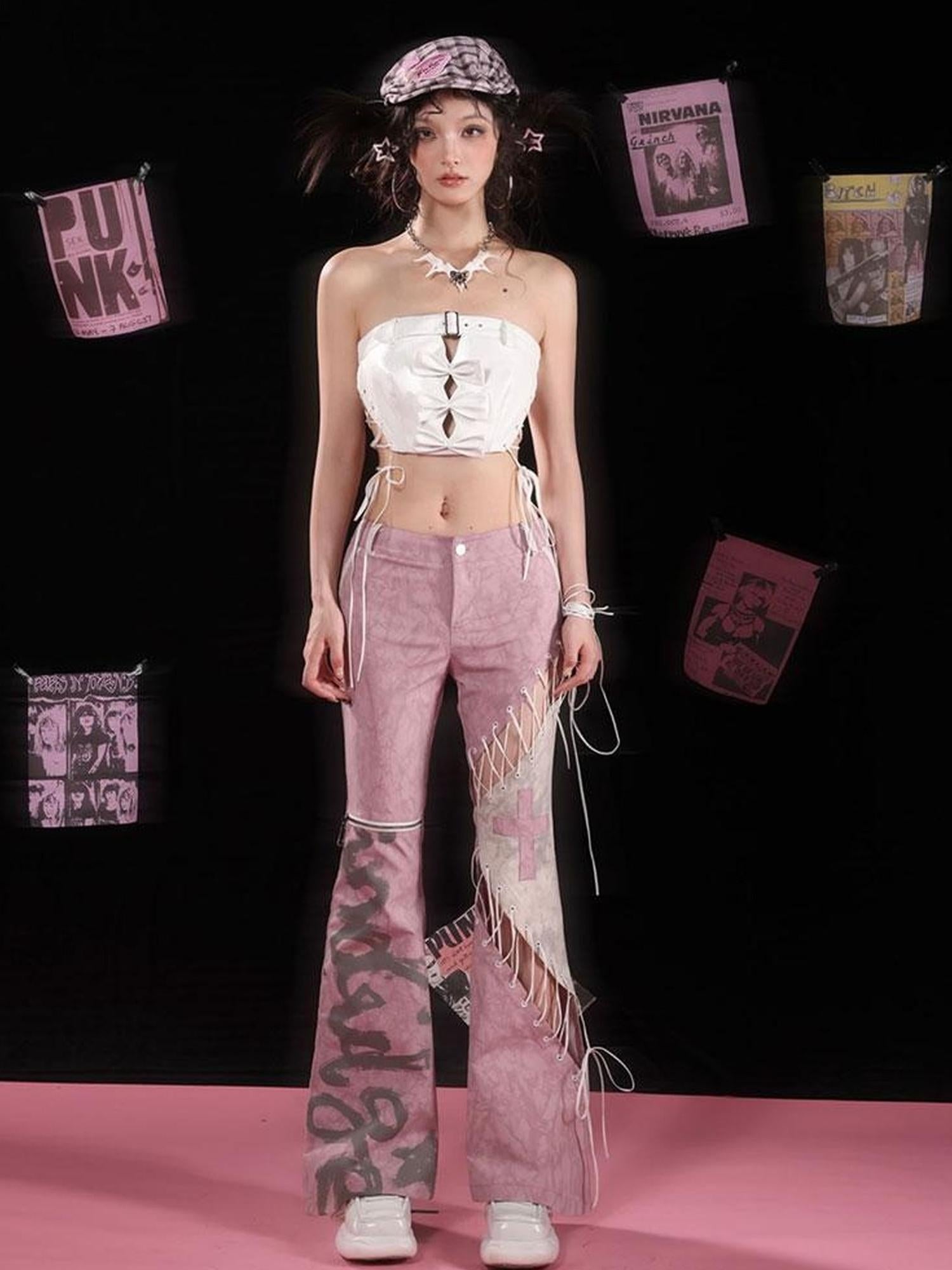 WSW WUSHENWU Gray Pink Plaid Cut Out Tie Waist Slim Fit Pants