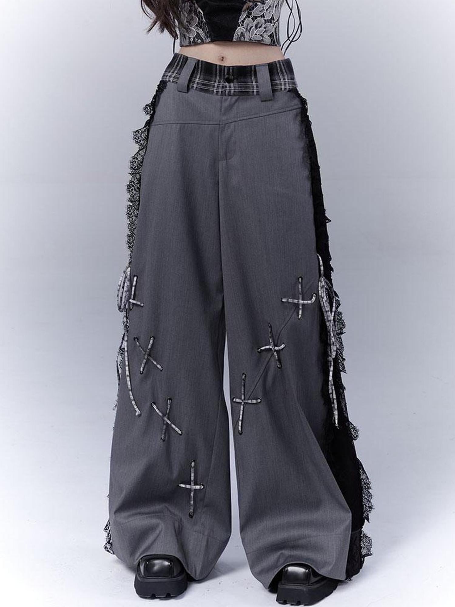 WSW WUSHENWU Gray Secret Lace Cut Suit Pants