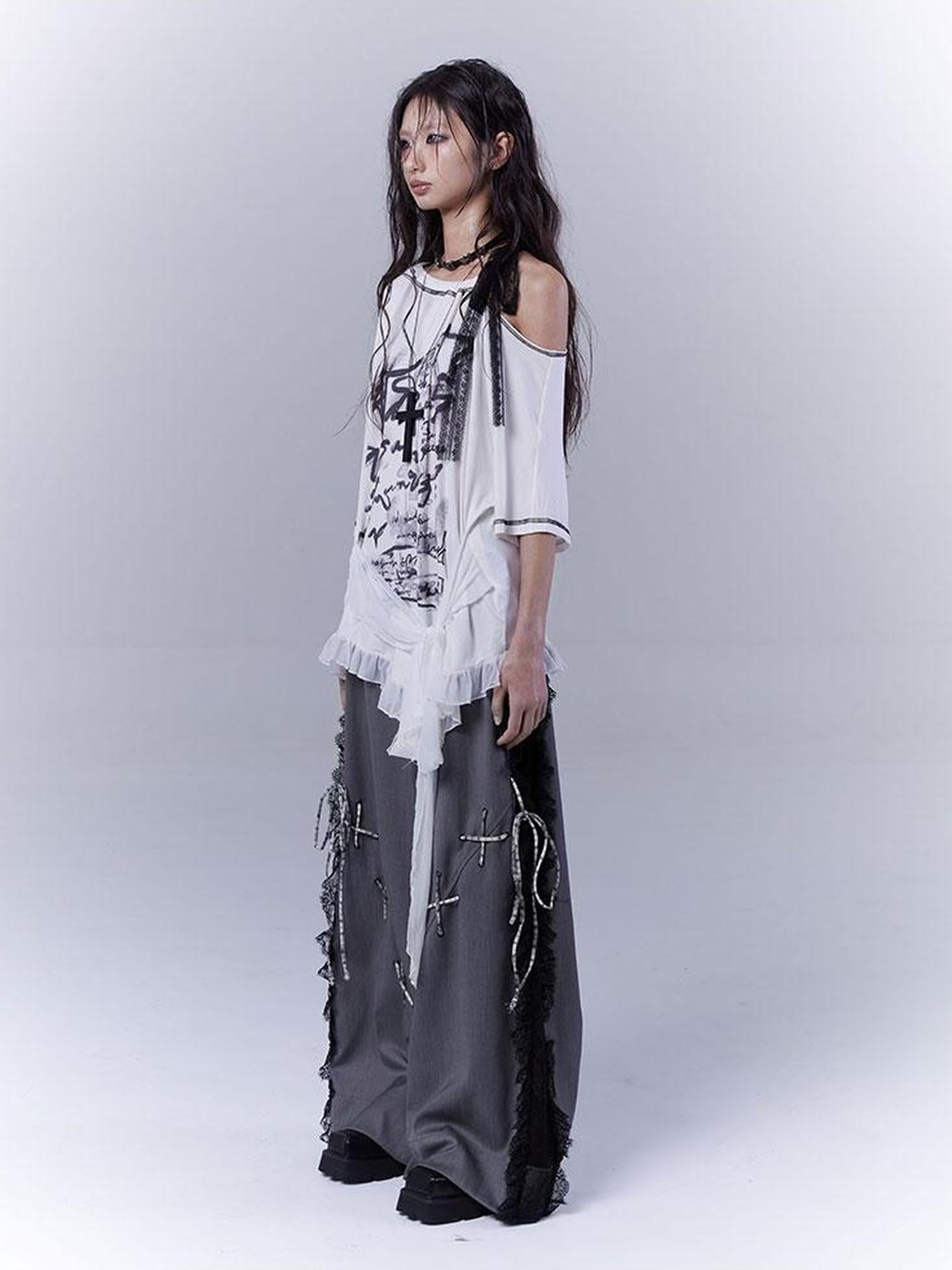 WSW WUSHENWU Gray Secret Lace Cut Suit Pants