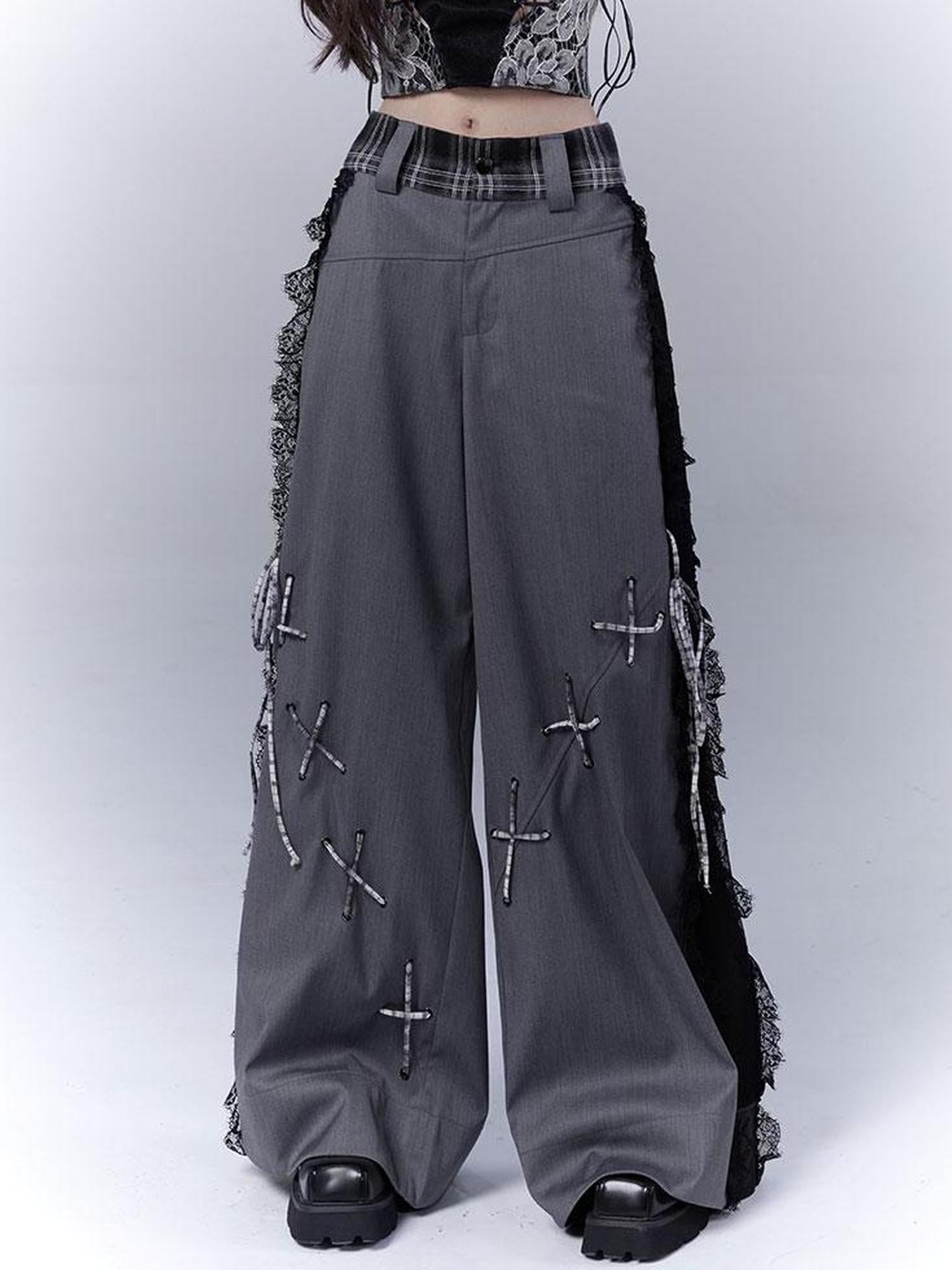 WSW WUSHENWU Gray Secret Lace Cut Suit Pants