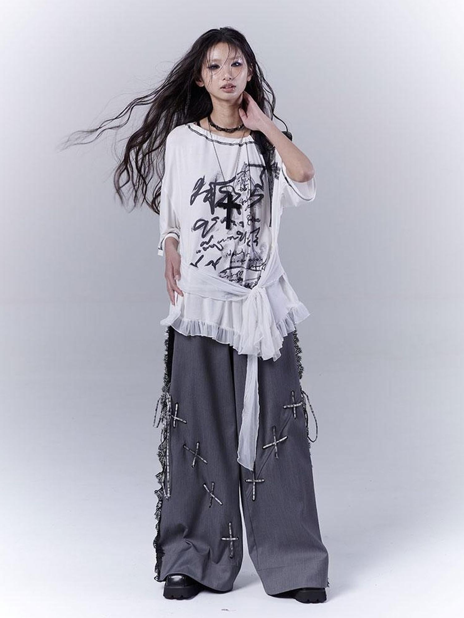 WSW WUSHENWU Gray Secret Lace Cut Suit Pants