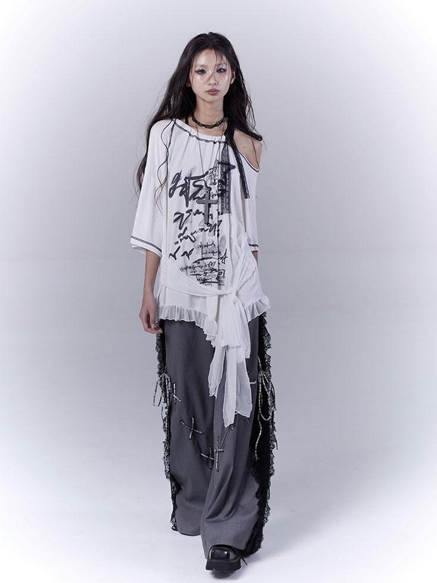 WSW WUSHENWU Gray Secret Lace Cut Suit Pants