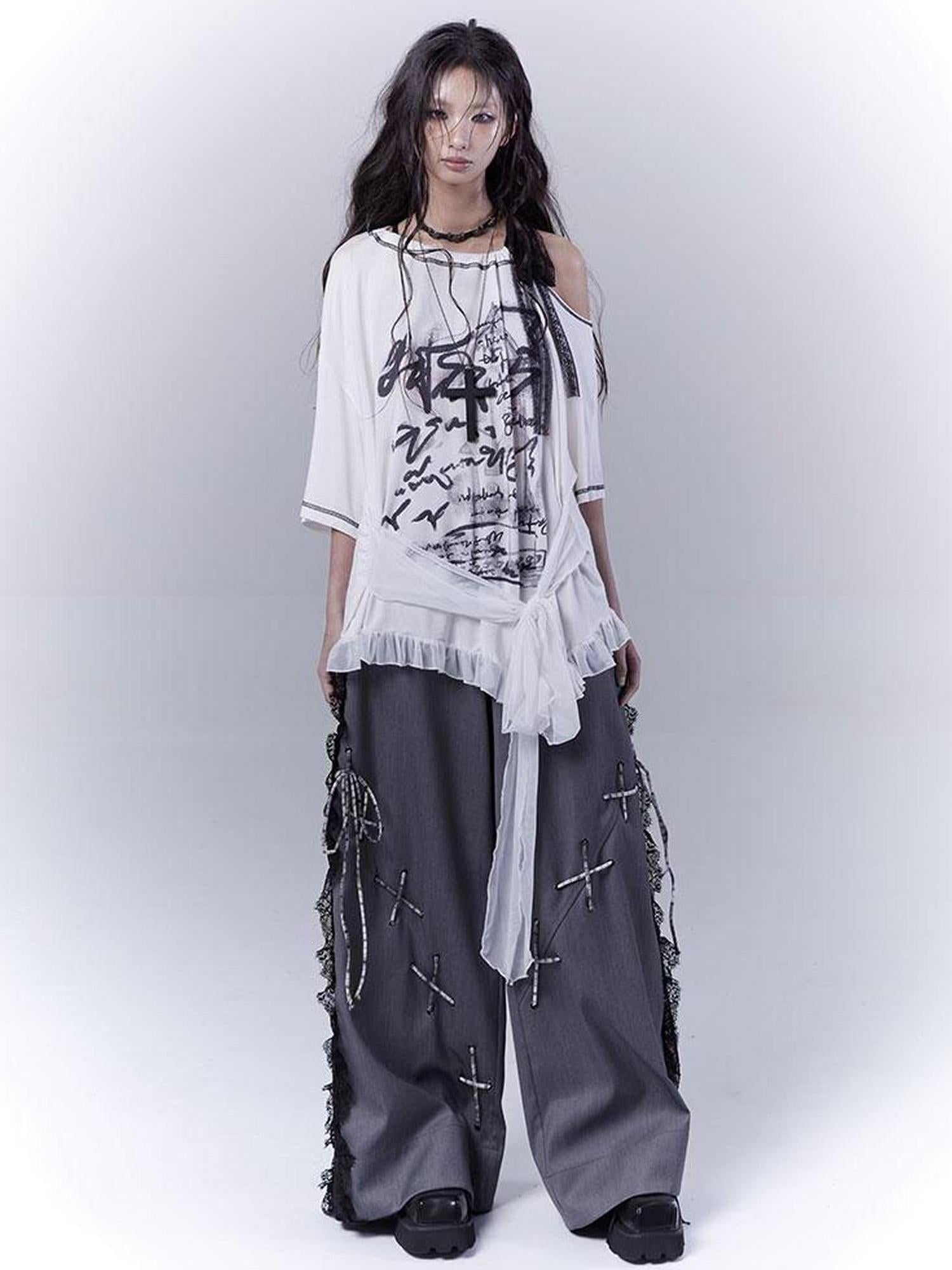 WSW WUSHENWU Gray Secret Lace Cut Suit Pants