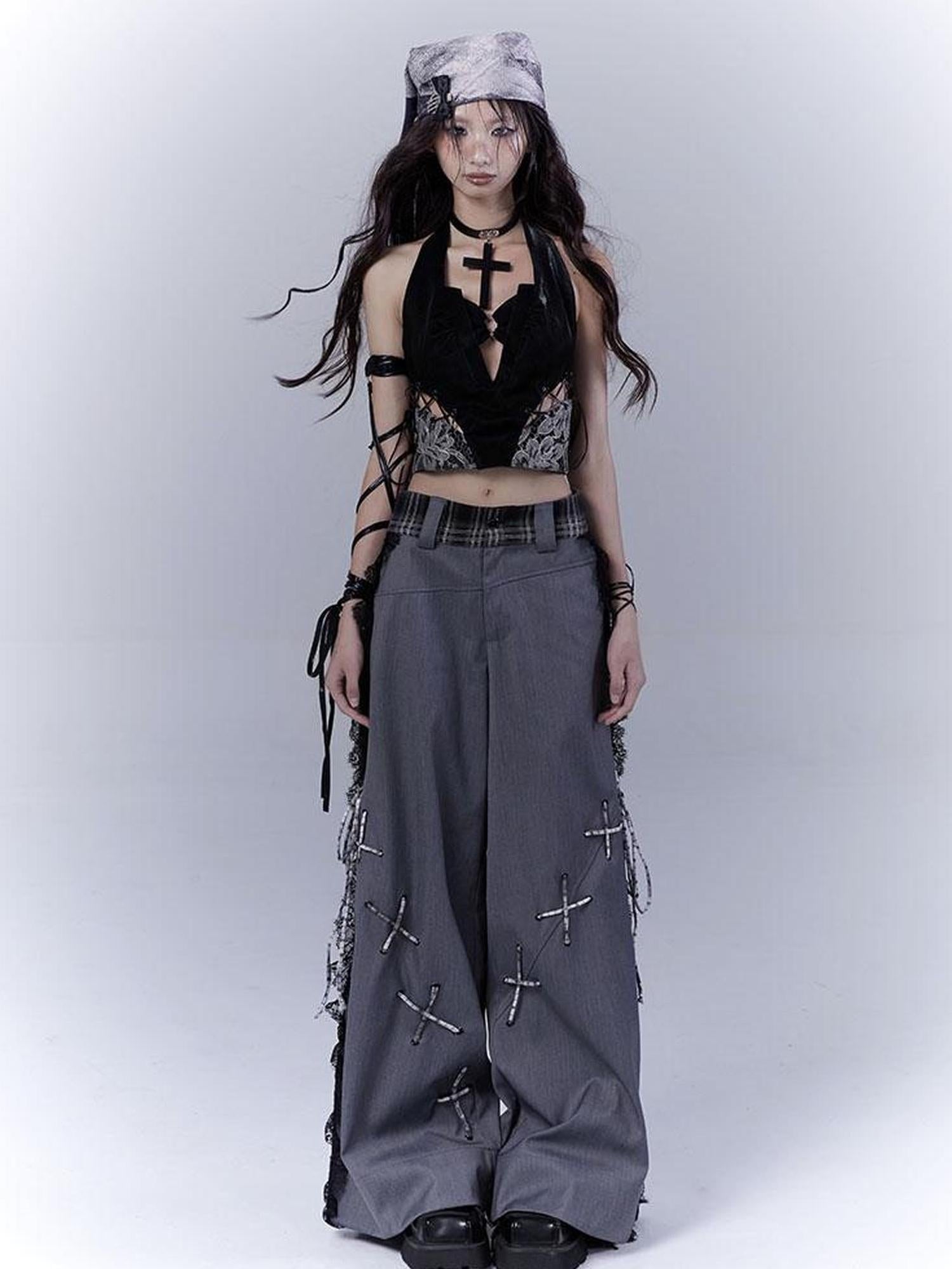 WSW WUSHENWU Gray Secret Lace Cut Suit Pants