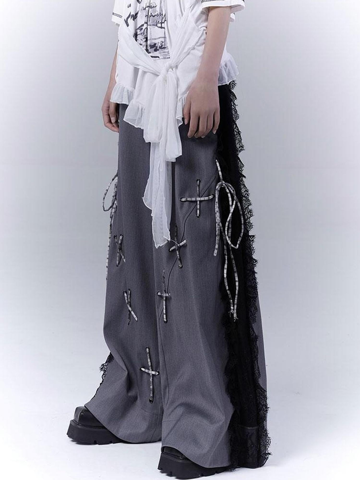 WSW WUSHENWU Gray Secret Lace Cut Suit Pants