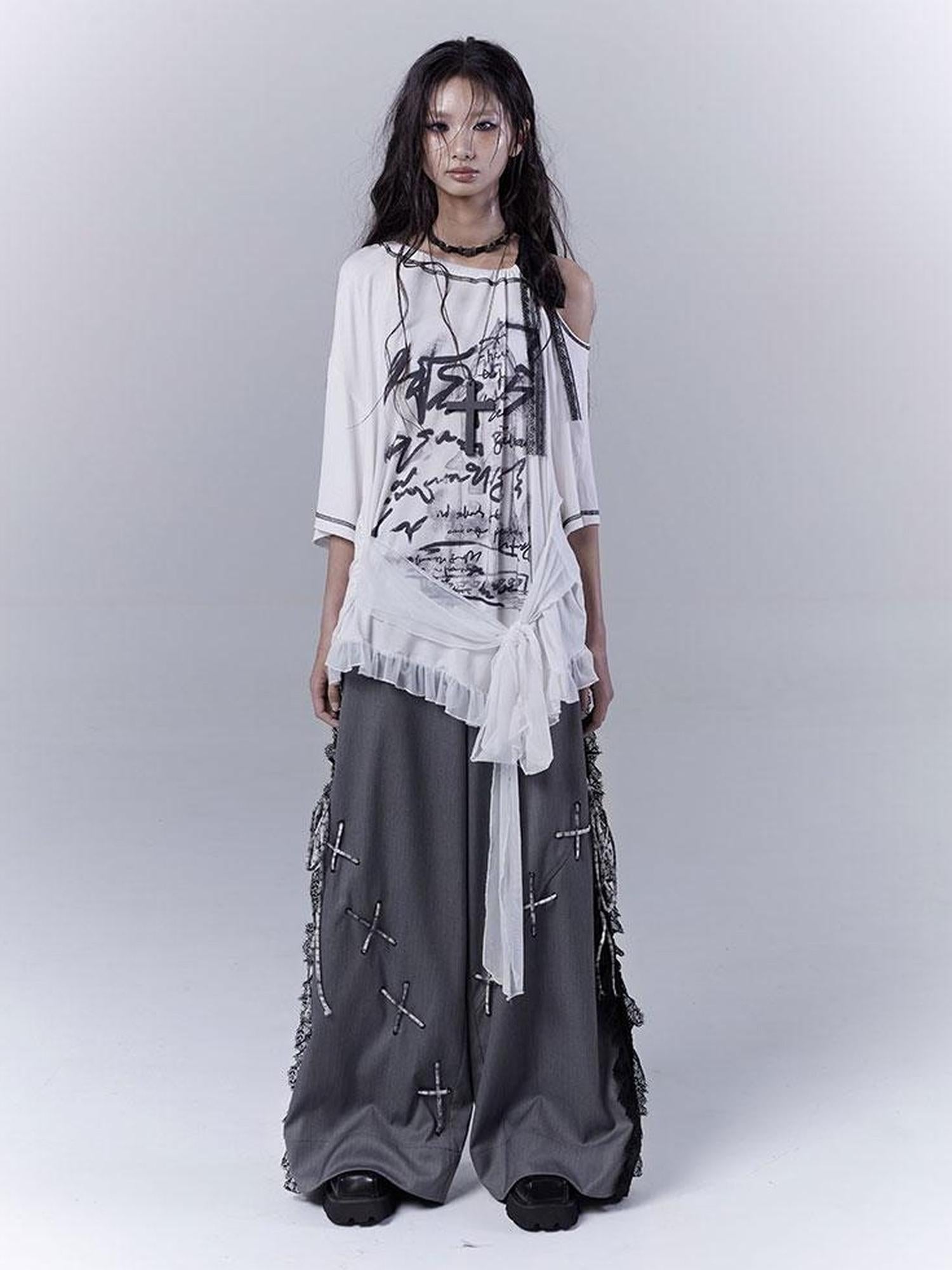 WSW WUSHENWU Gray Secret Lace Cut Suit Pants