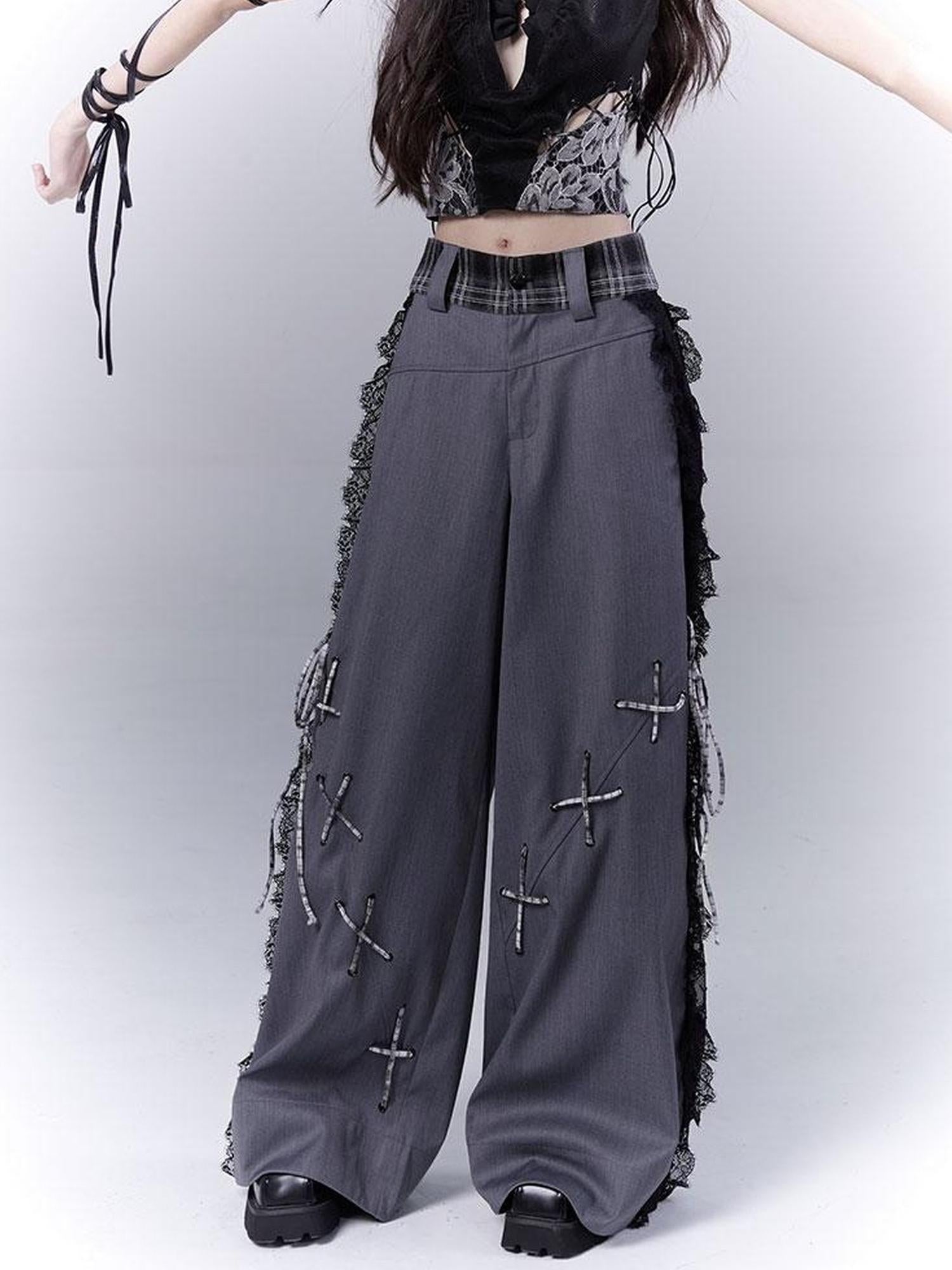 WSW WUSHENWU Gray Secret Lace Cut Suit Pants