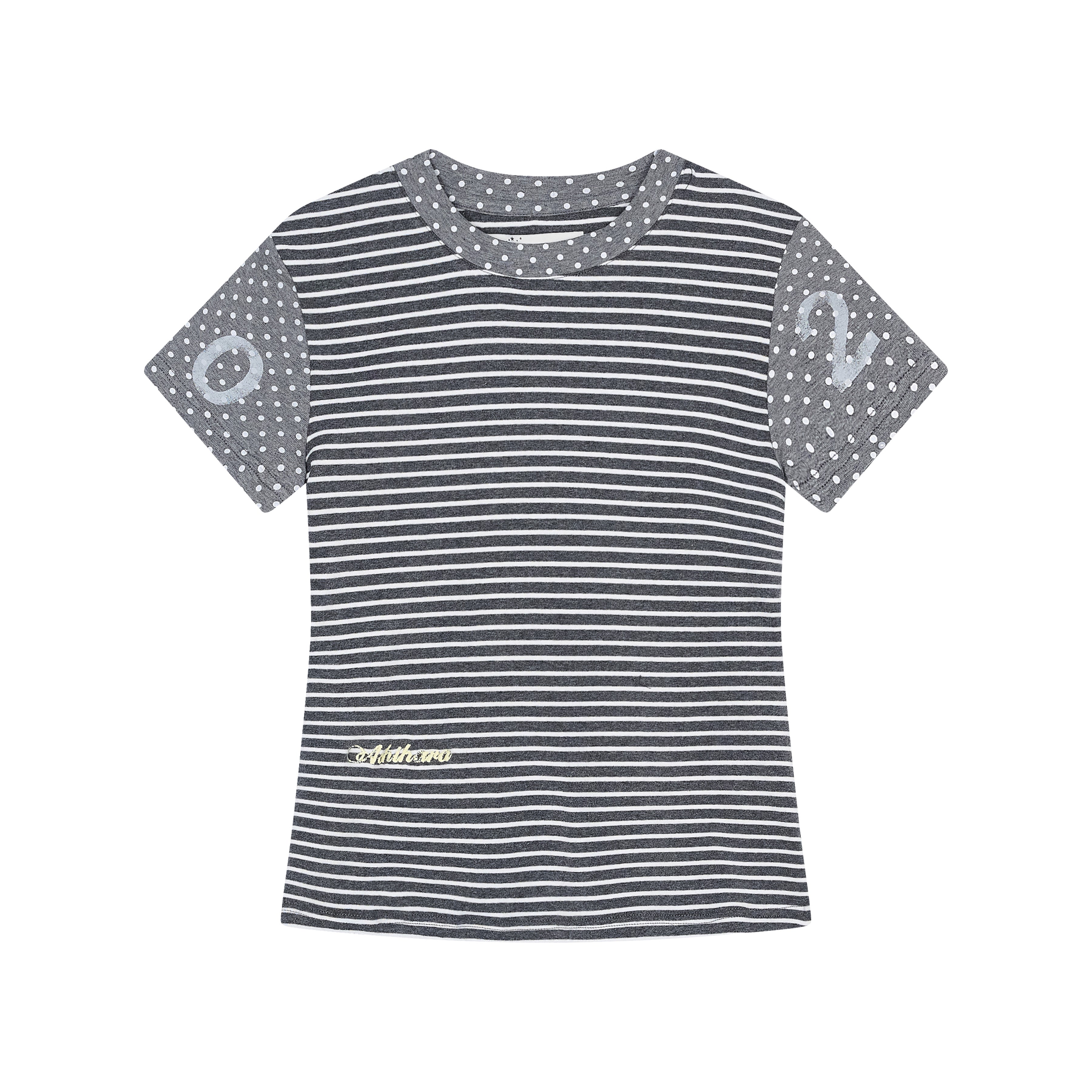 Achihara Fault Stripe Dot Print Tee Retro Vintage Style Cotton Blend