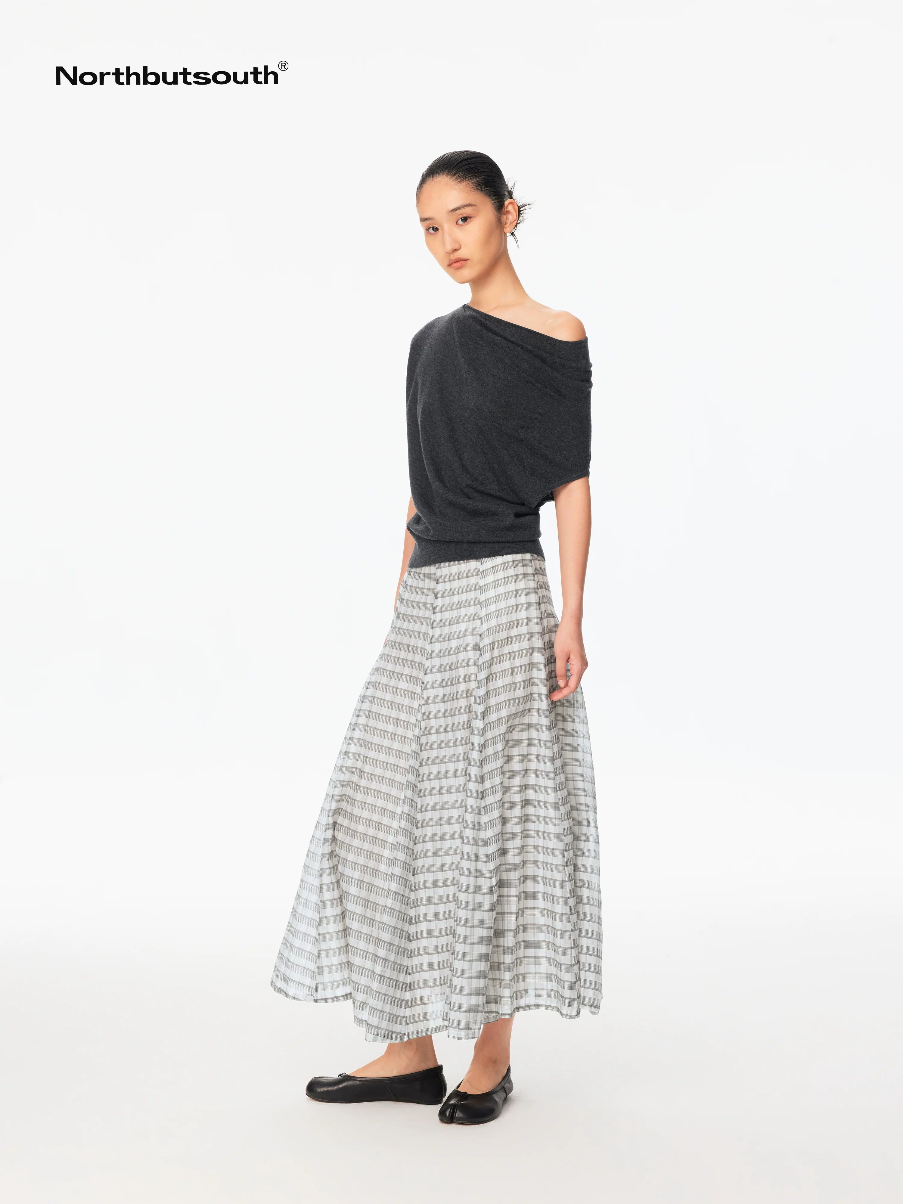 Gray White Plaid A Line Mid Low Waist Women&