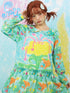 Green Print Puff Sleeve Winter Dress With Detachable Collar