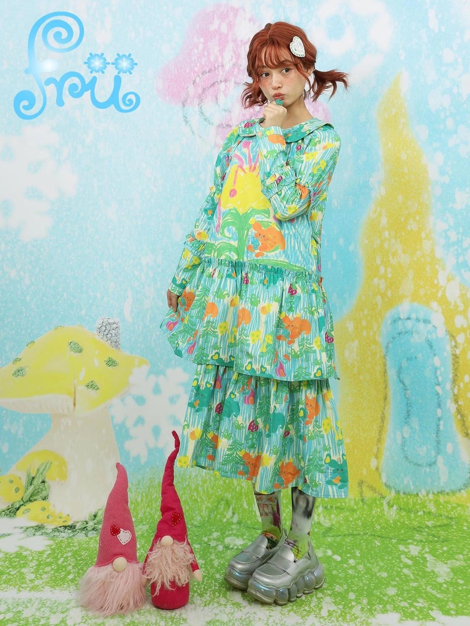 Green Print Puff Sleeve Winter Dress With Detachable Collar