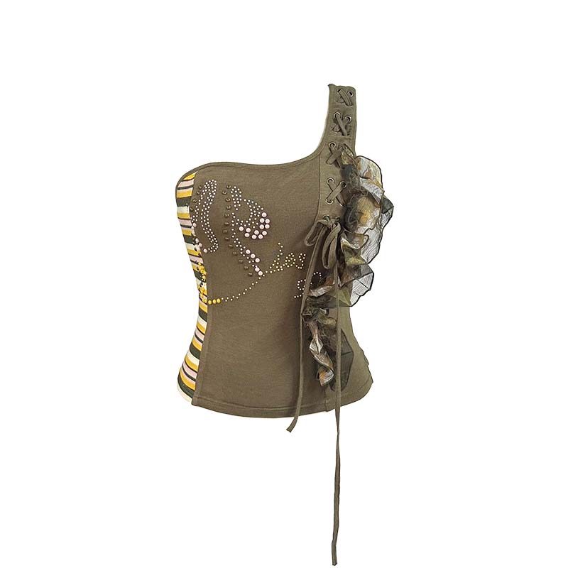 Update OPEN AESTHETIC Stretch Knit Mesh Lace Rhinestone Single Shoulder Top