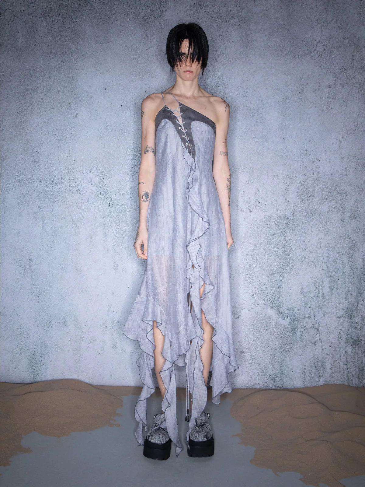 Pleated Asymmetric Tie Detail Nomad Dress V-neck T-shirt Long Sleeve