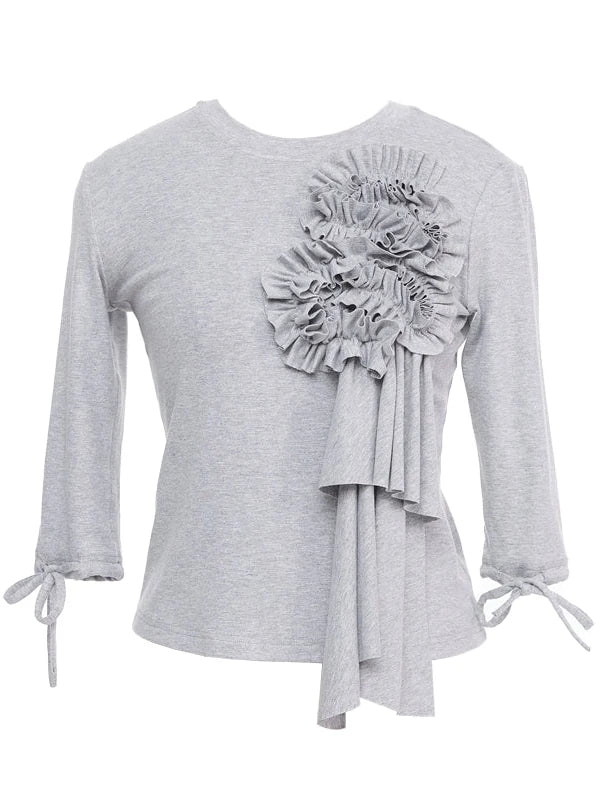 Lace Trimmed Gray Knit Tee With Bow Cuffs
