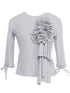 Lace Trimmed Gray Knit Tee With Bow Cuffs