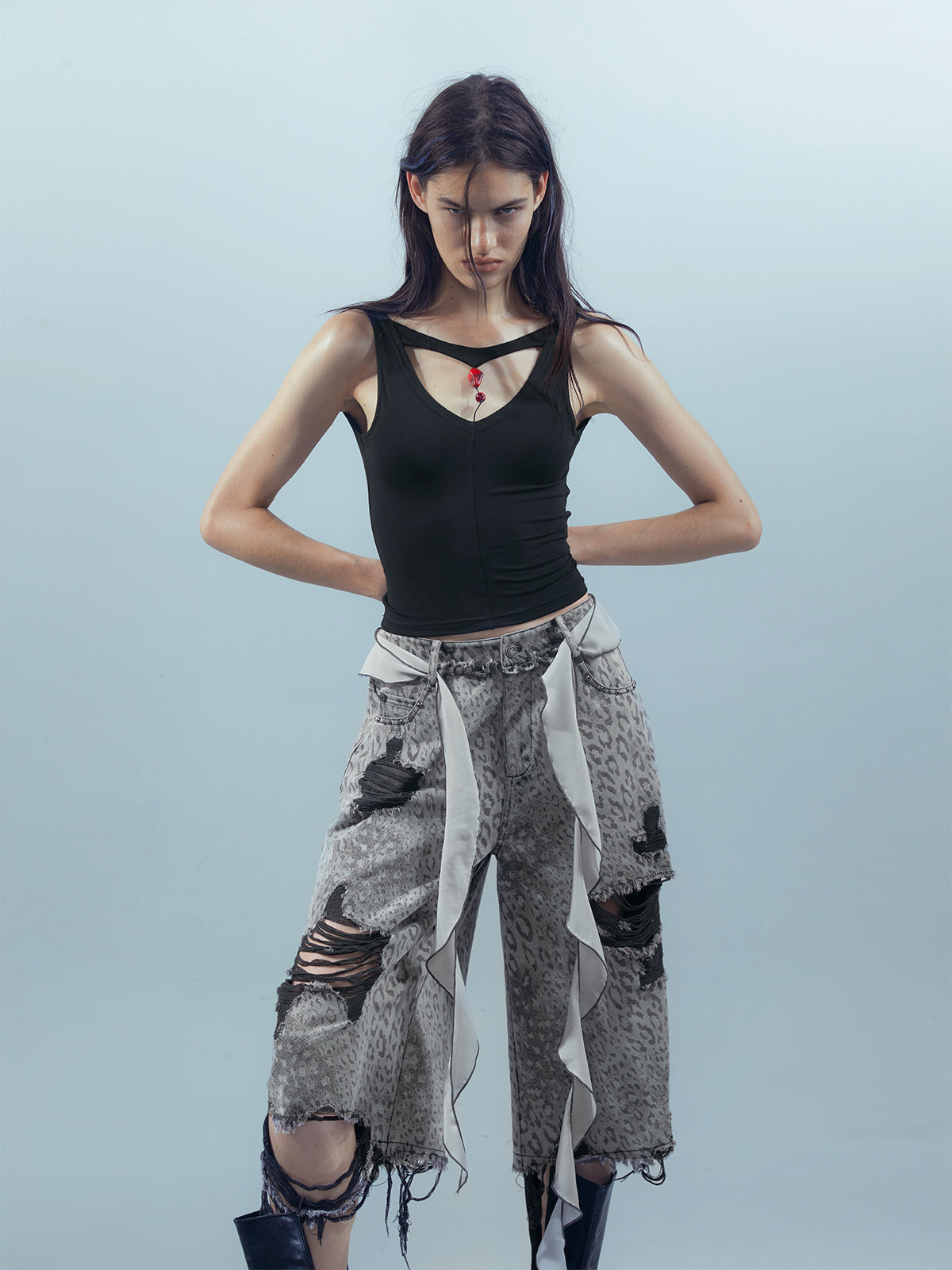 UpdateNN NORTH NODE Washed Distressed Leopard Print Cargo Shorts With Belt