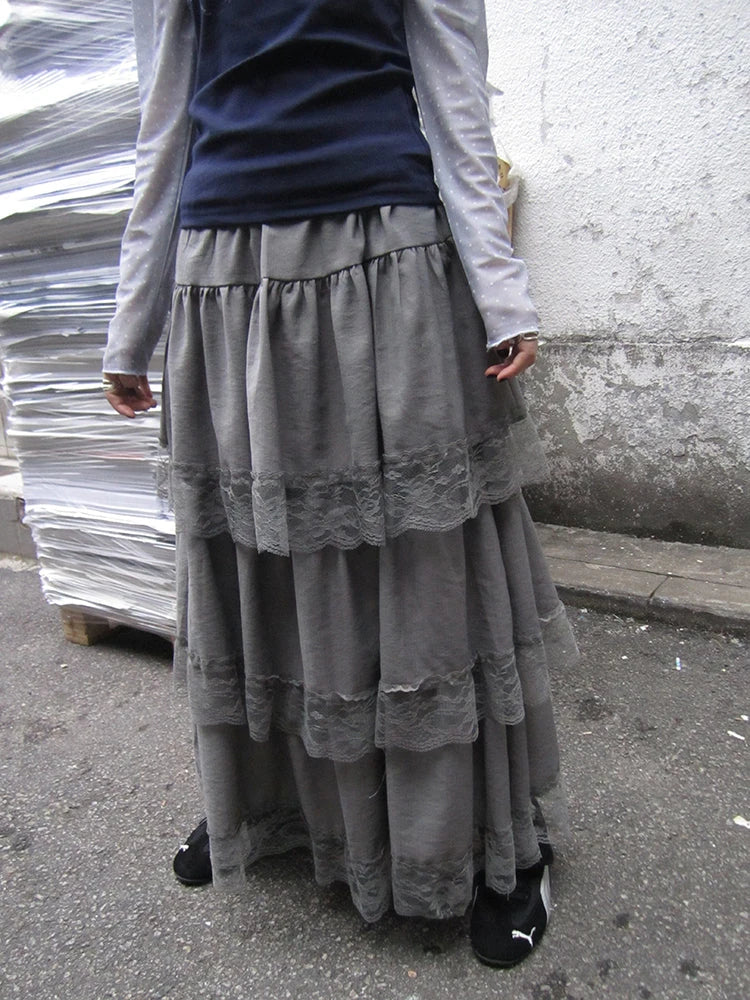 Vintage Lace Tiered Ruffle Hem Cake Skirt