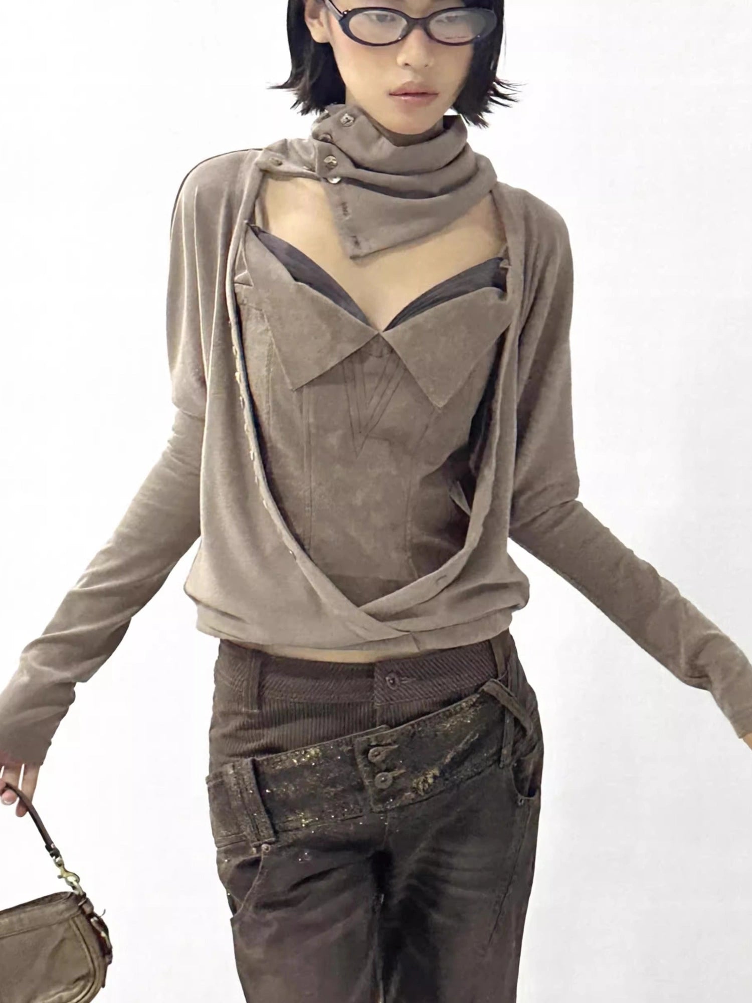 Faux Leather Knit Long Sleeve Top Stretch Slim Fit Multi-Way Wear