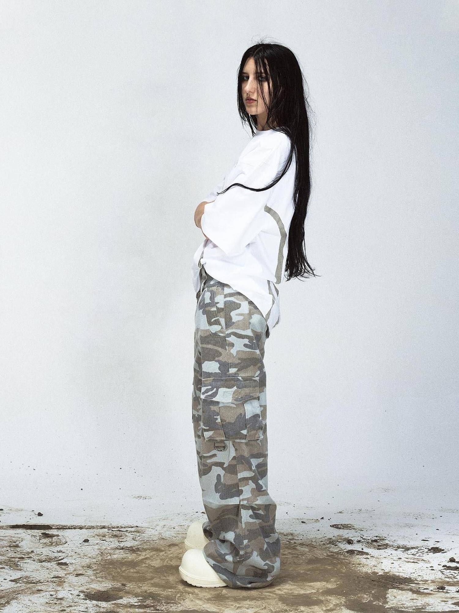 Peoplesense Grey Camo Washed Cargo Pants Loose Fit Vintage Parachute Trousers