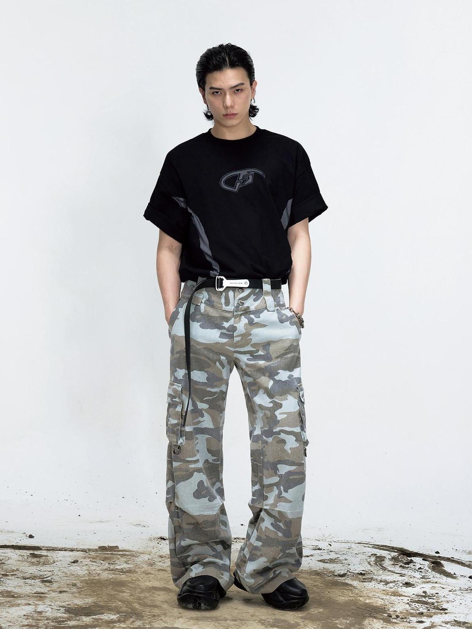 Peoplesense Grey Camo Washed Cargo Pants Loose Fit Vintage Parachute Trousers