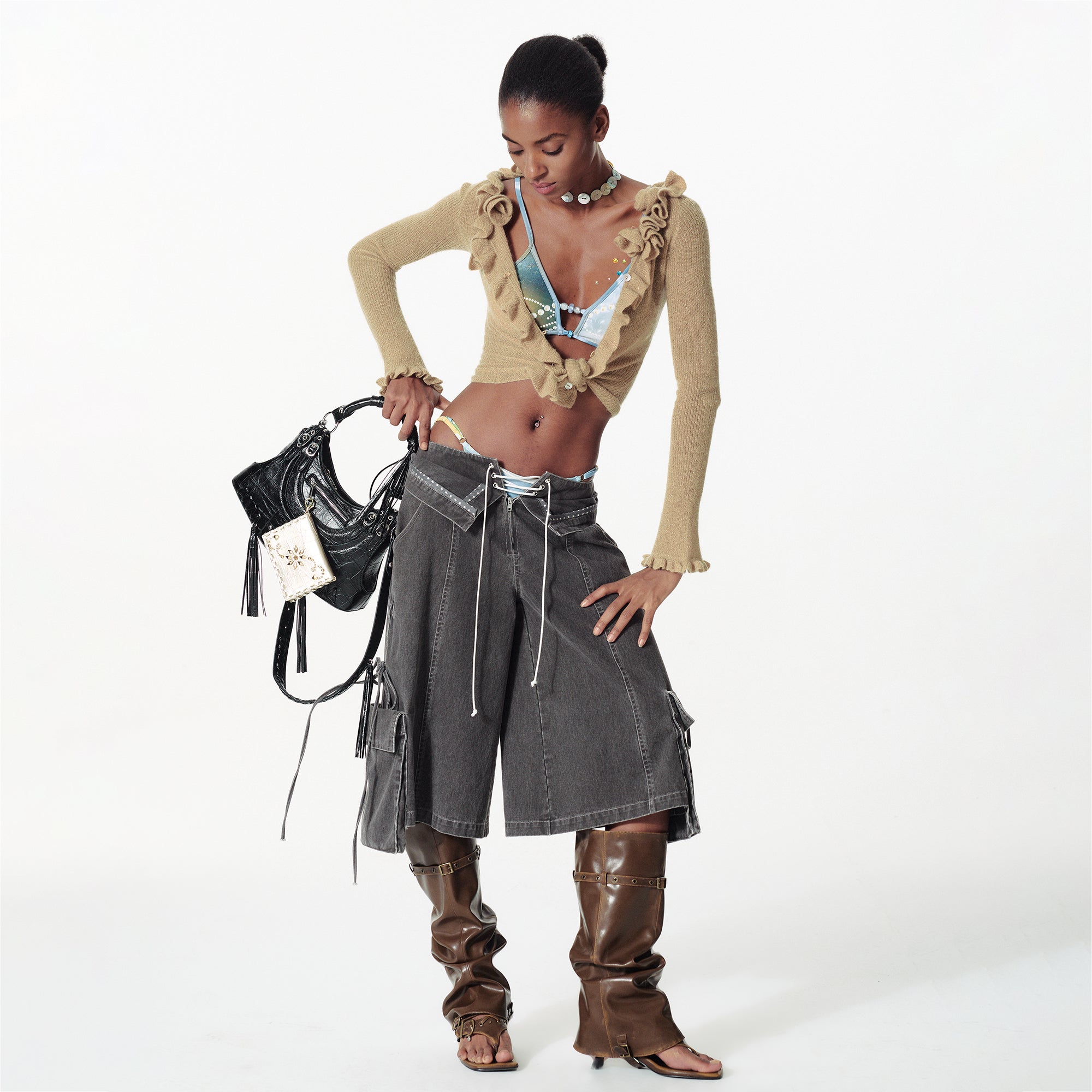 2th Desire Vintage Washed Deconstructed Camo Cargo Shorts With Bow Detail