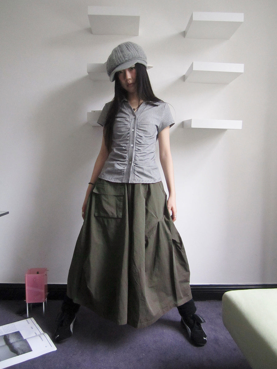 ang project Vintage Solid Multi Pleat Pocket Cargo Pants With Elastic Waist