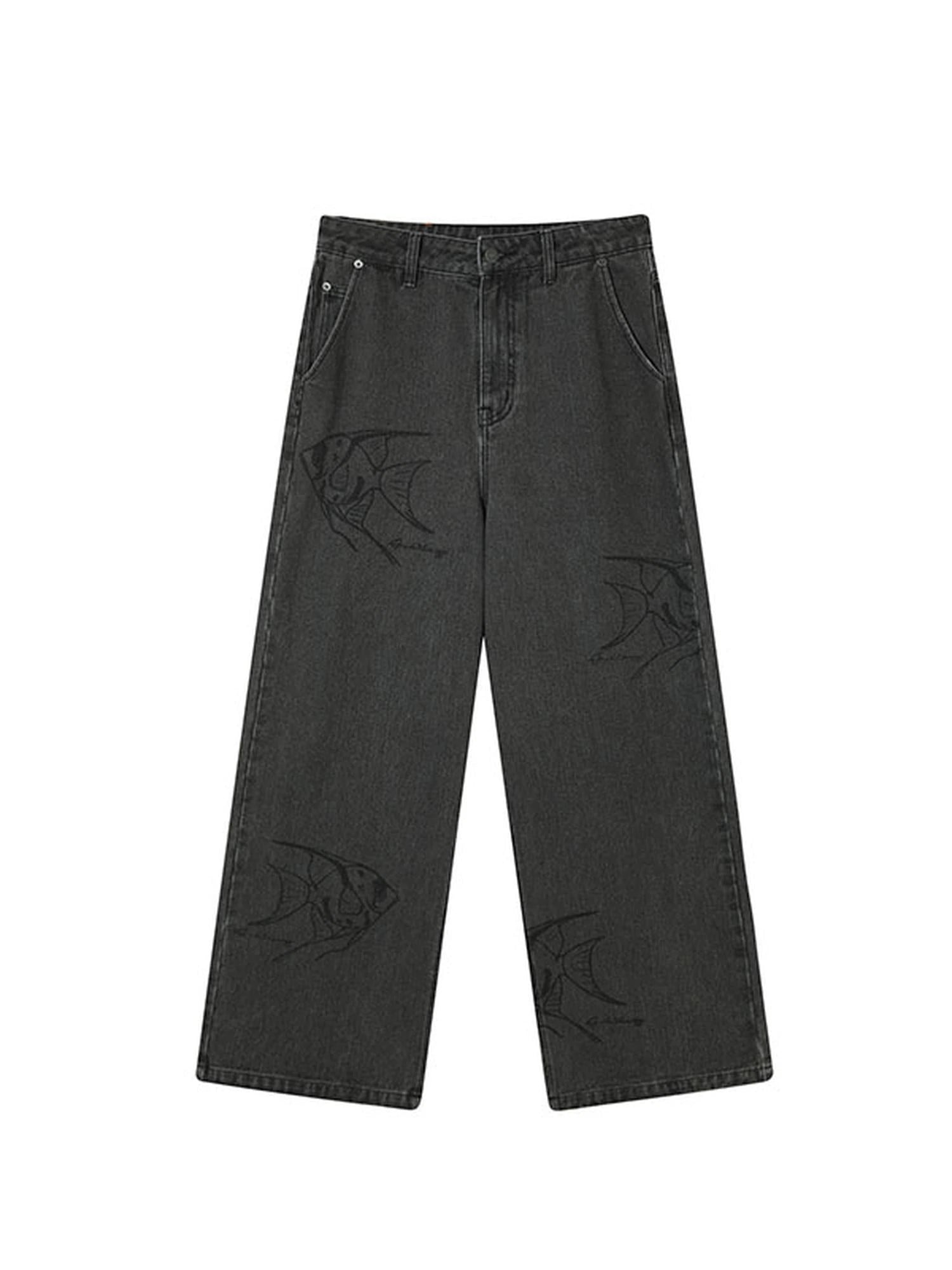 Vintage Grey Denim Trousers With Celestial Fish Print