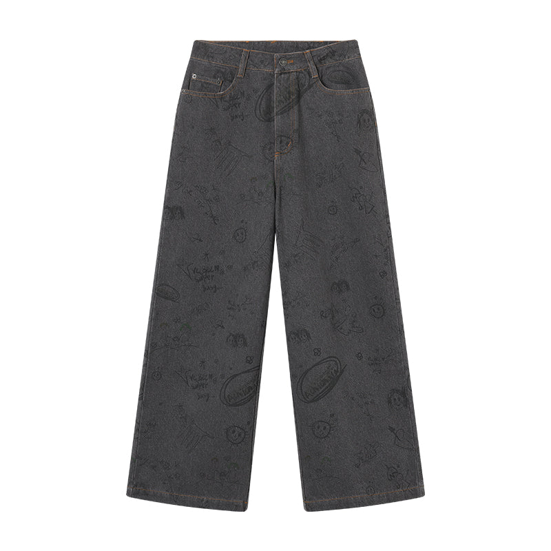 Achihara Relaxed Graffiti Jeans With Vintage Wash