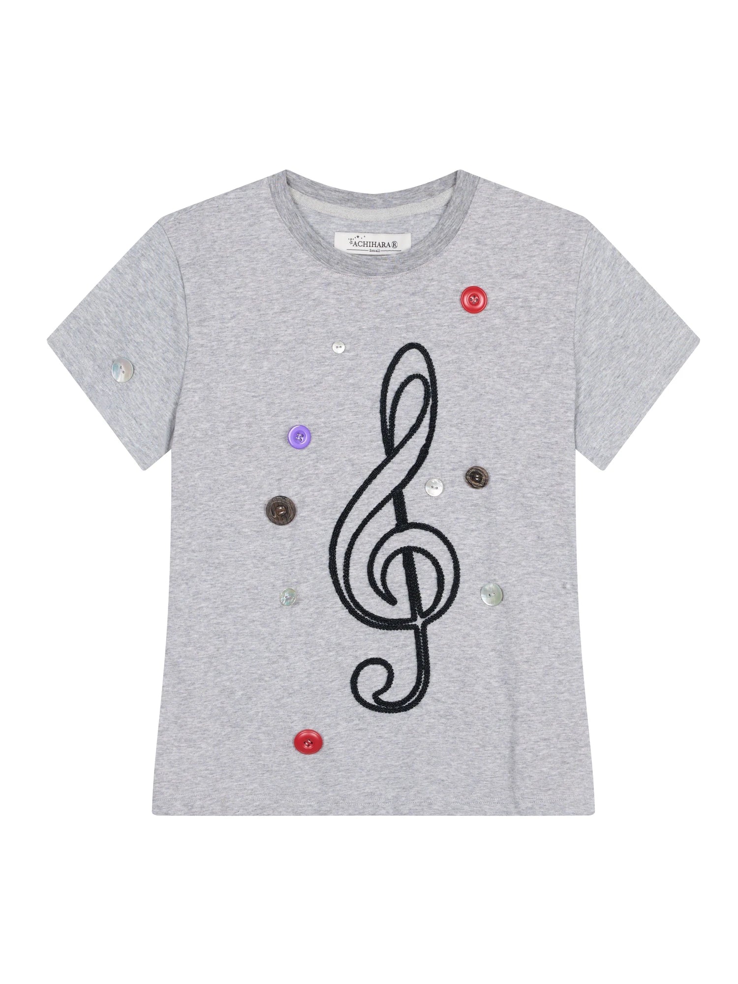 Music Button Embroidered Tee V Neck T Shirt Long Sleeve