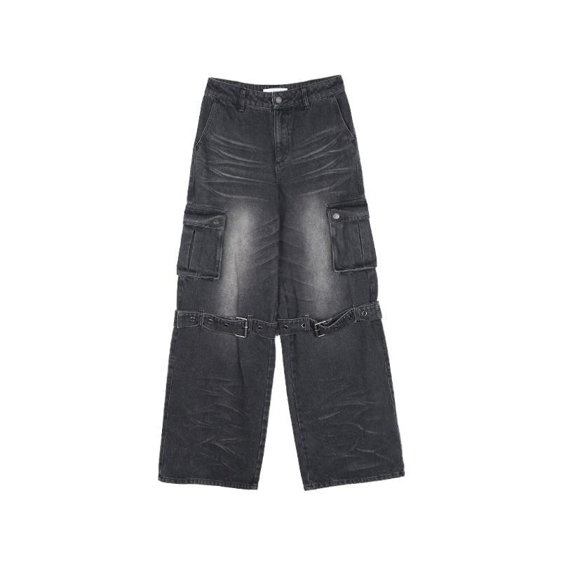 ALINNV STUDIO Vintage Washed Grey Jeans With Cuffed Hem & Drawstring