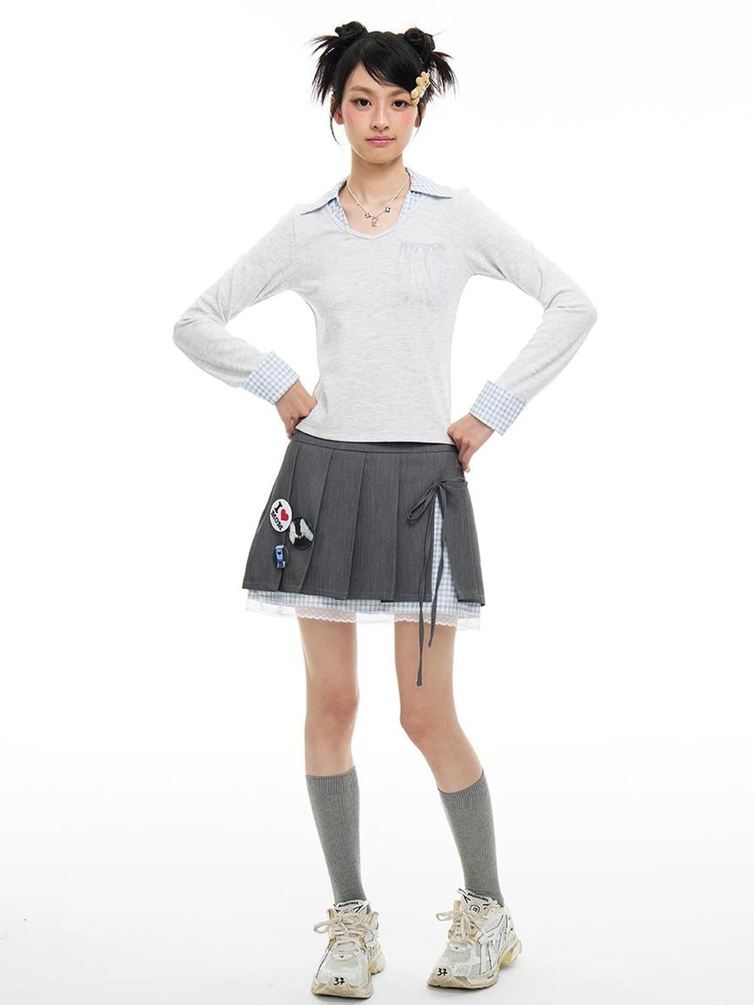 MOMSYCAN FOX LINE Grey Lace Academic Bow Dress With Safety Shorts