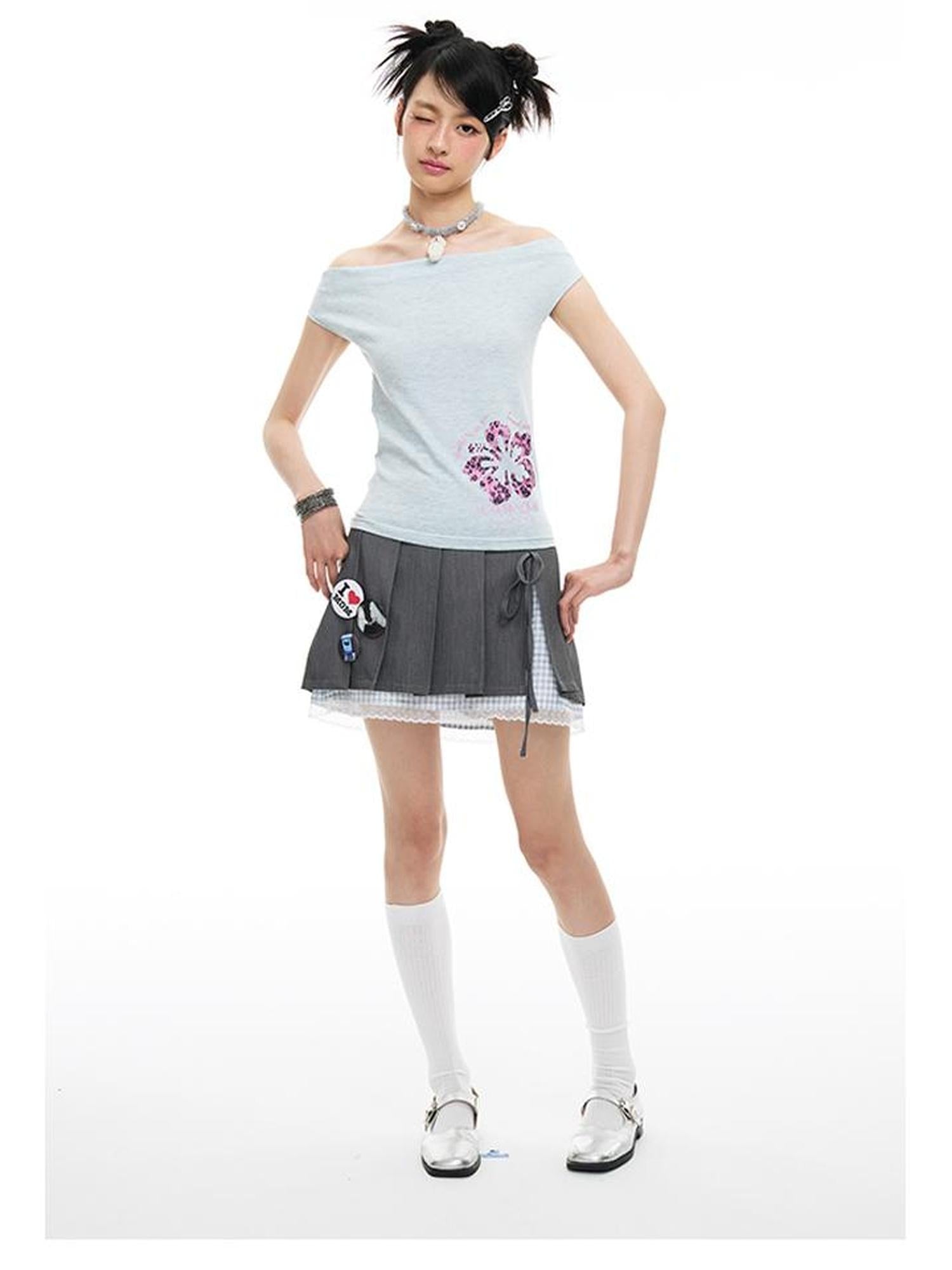 MOMSYCAN FOX LINE Grey Lace Academic Bow Dress With Safety Shorts