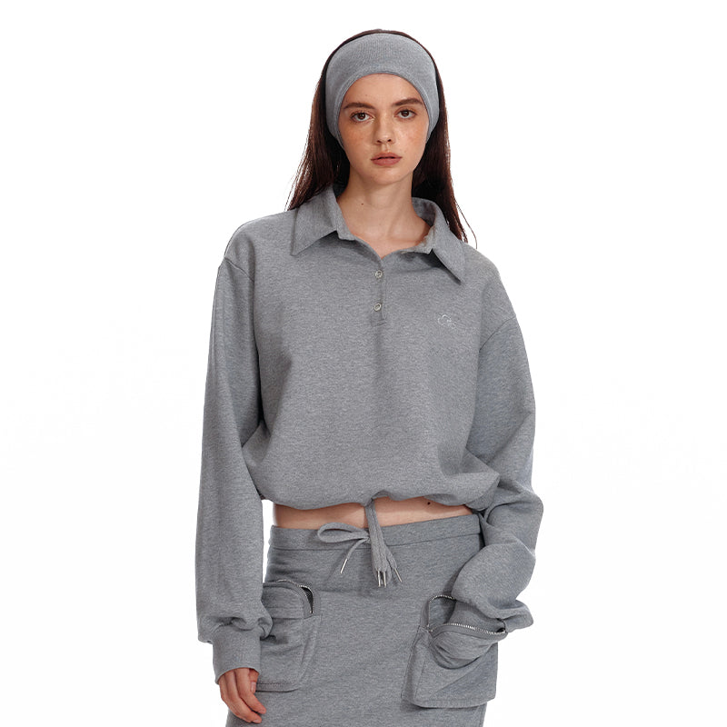 ALINNV STUDIO Polo Collar Drawstring Hem Embroidered Loose Fit Crop Sweatshirt