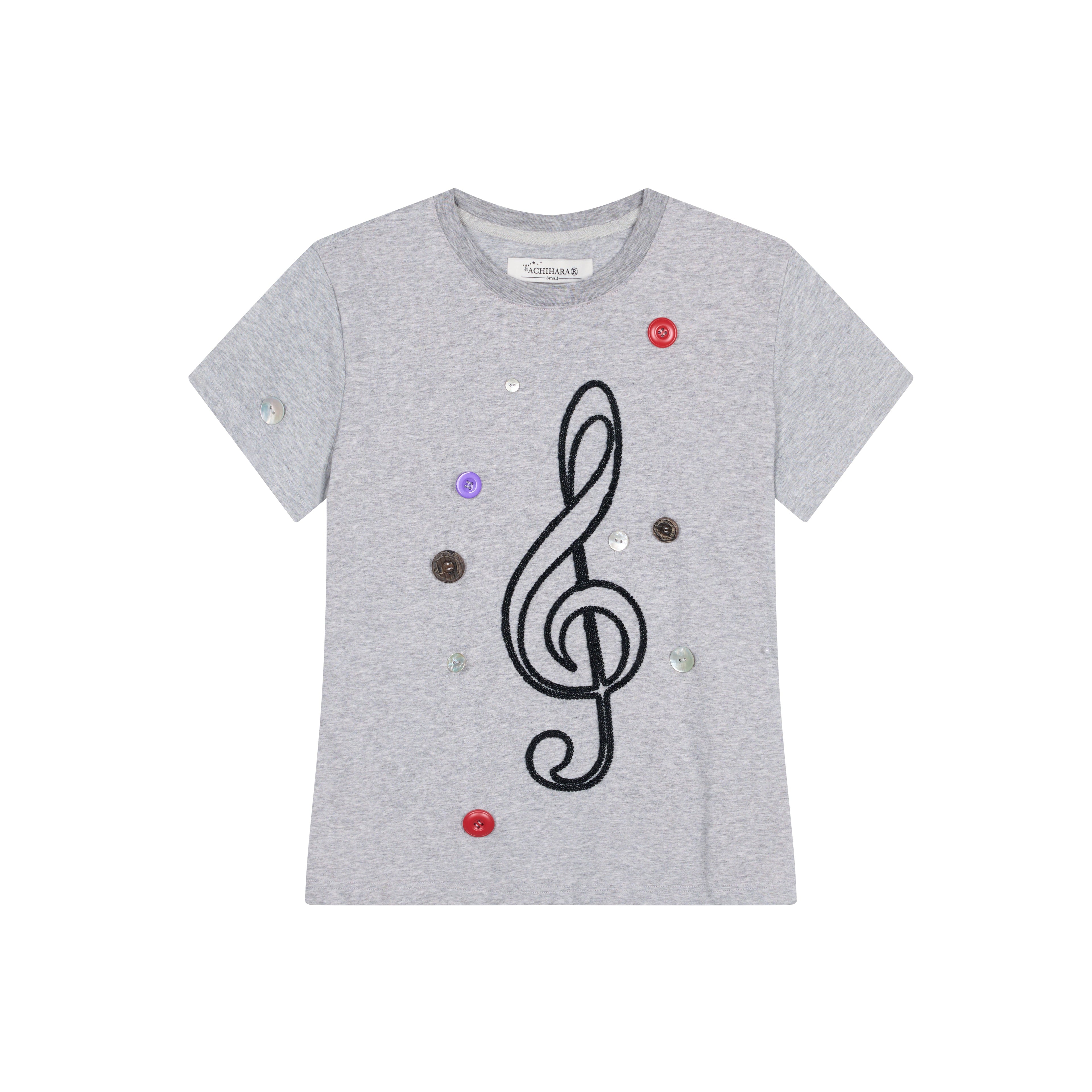 Achihara Music Button Embroidered Tee V Neck T Shirt Long Sleeve