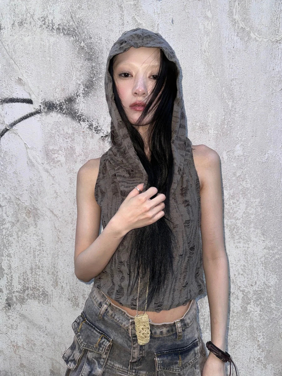 Distressed Hooded Crop Top With Off Shoulder Cutouts