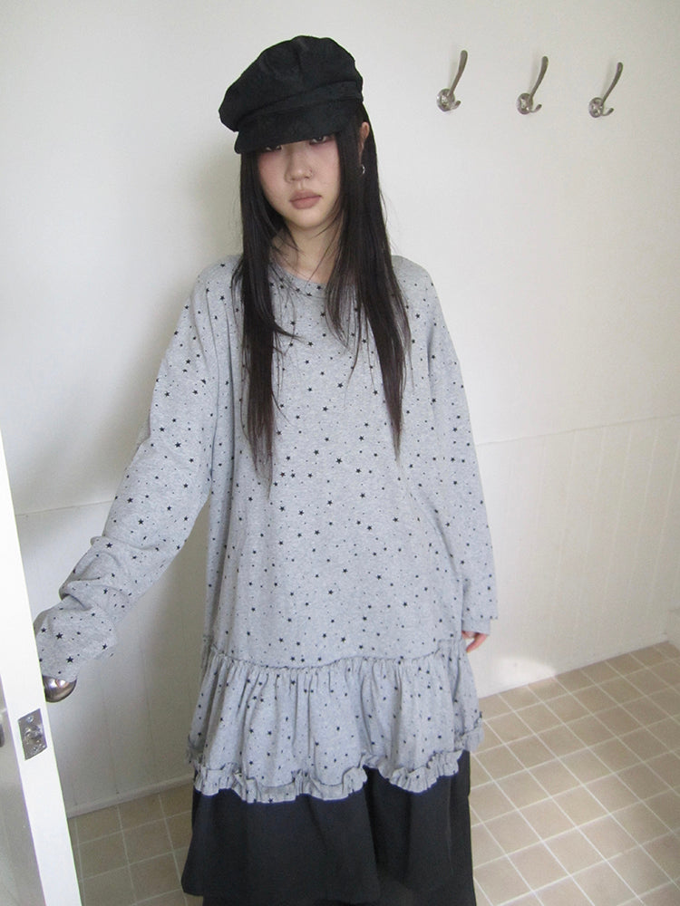Updateang project Stars Print Lace Trim Oversized Long Sleeve Tee
