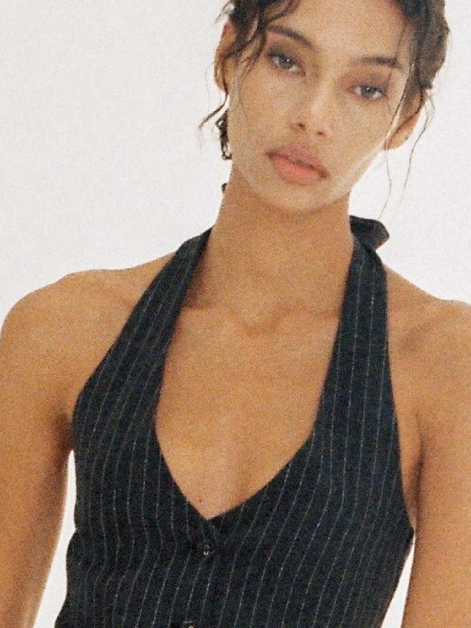 Grey Striped Sleeveless Top With White Pleated Skirt Set