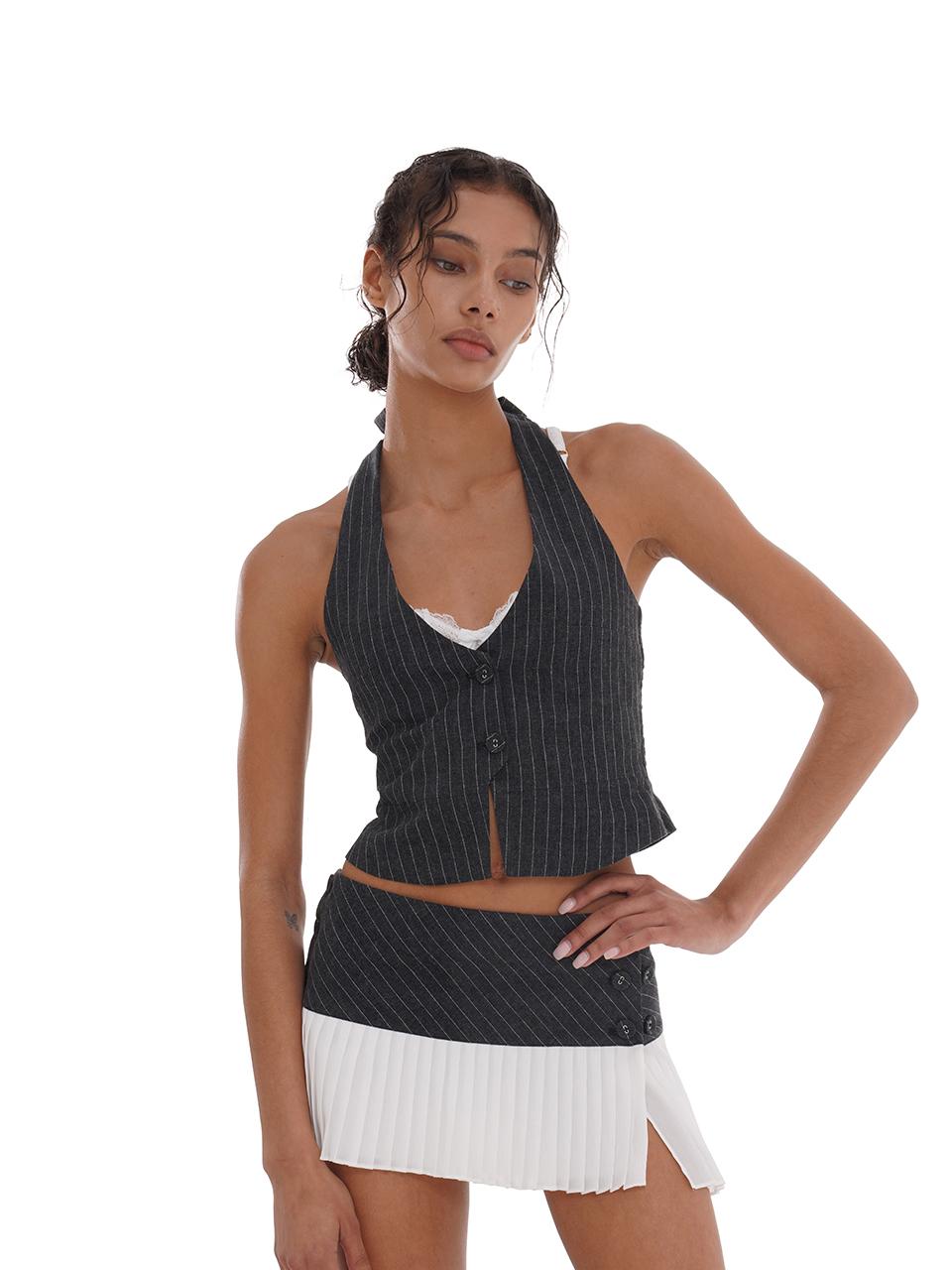 SweetChilling Grey Striped Sleeveless Top With White Pleated Skirt Set