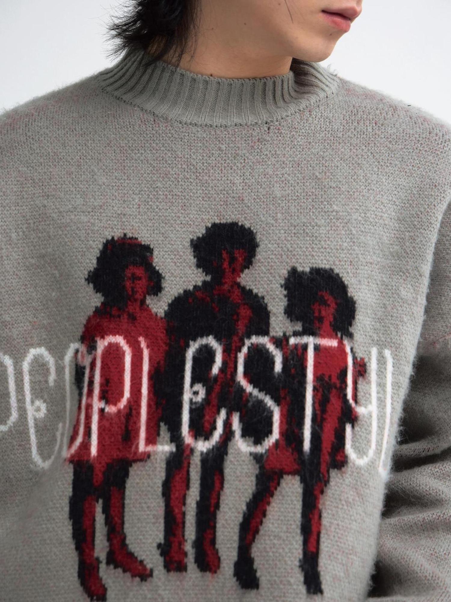Peoplesense Grey Winter Lazy Print Knit Sweater Cozy Casual Pullover