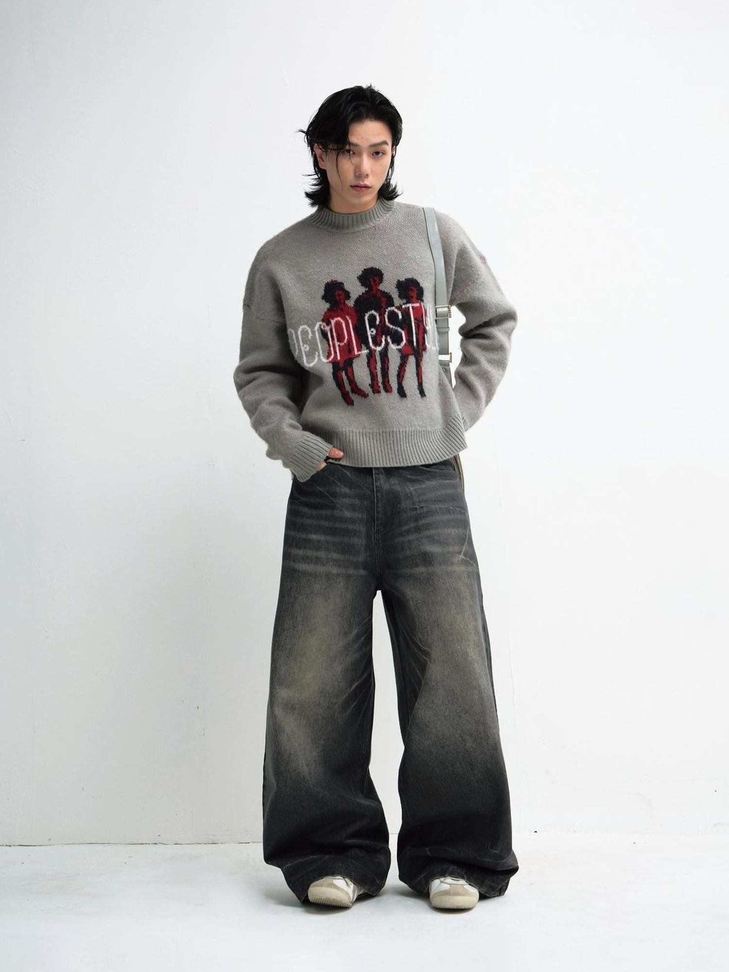 Peoplesense Grey Winter Lazy Print Knit Sweater Cozy Casual Pullover
