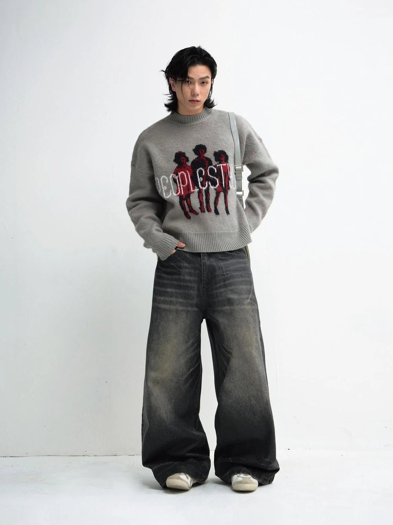 Grey Winter Lazy Print Knit Sweater Cozy Casual Pullover