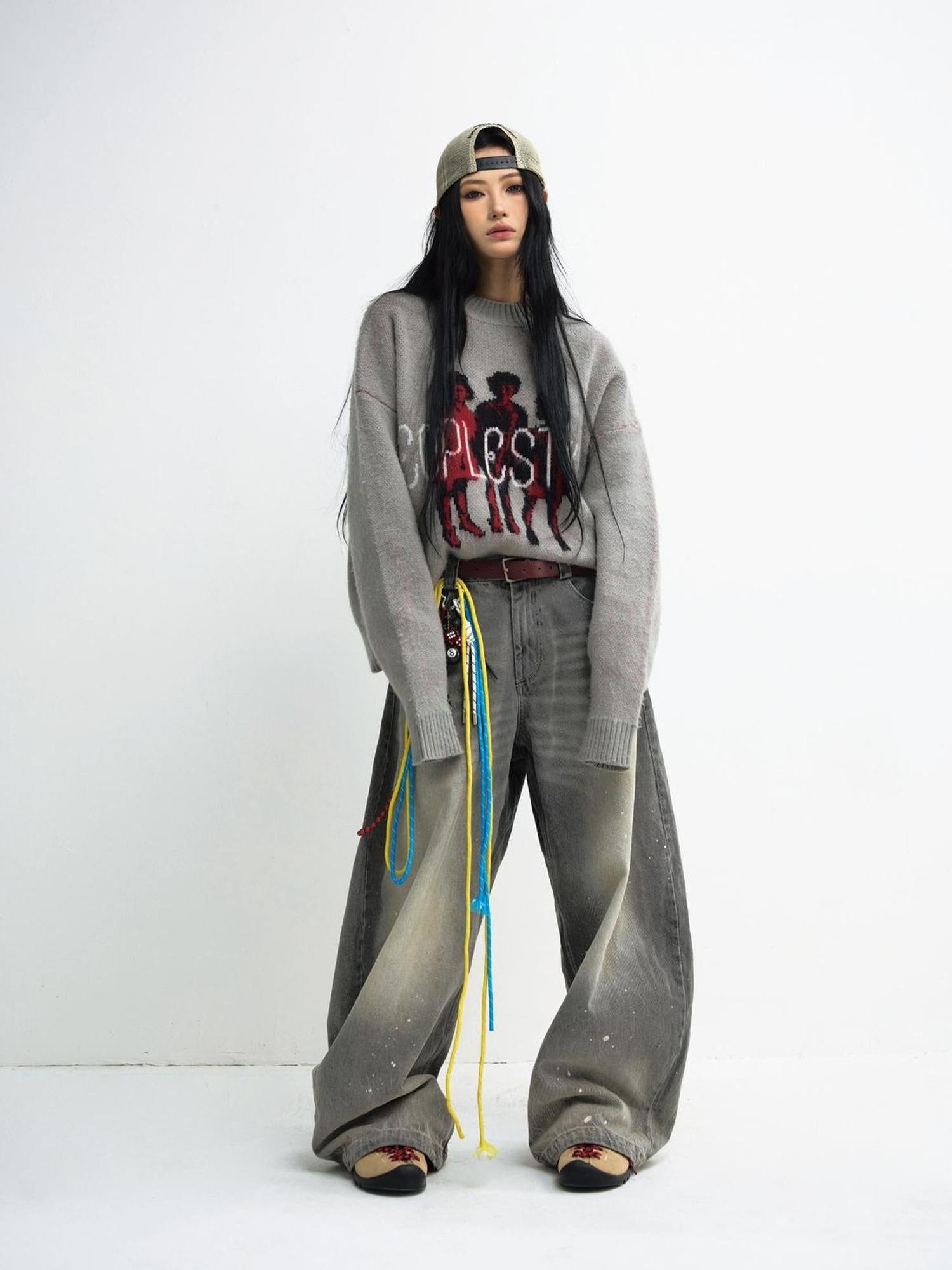 Peoplesense Grey Winter Lazy Print Knit Sweater Cozy Casual Pullover