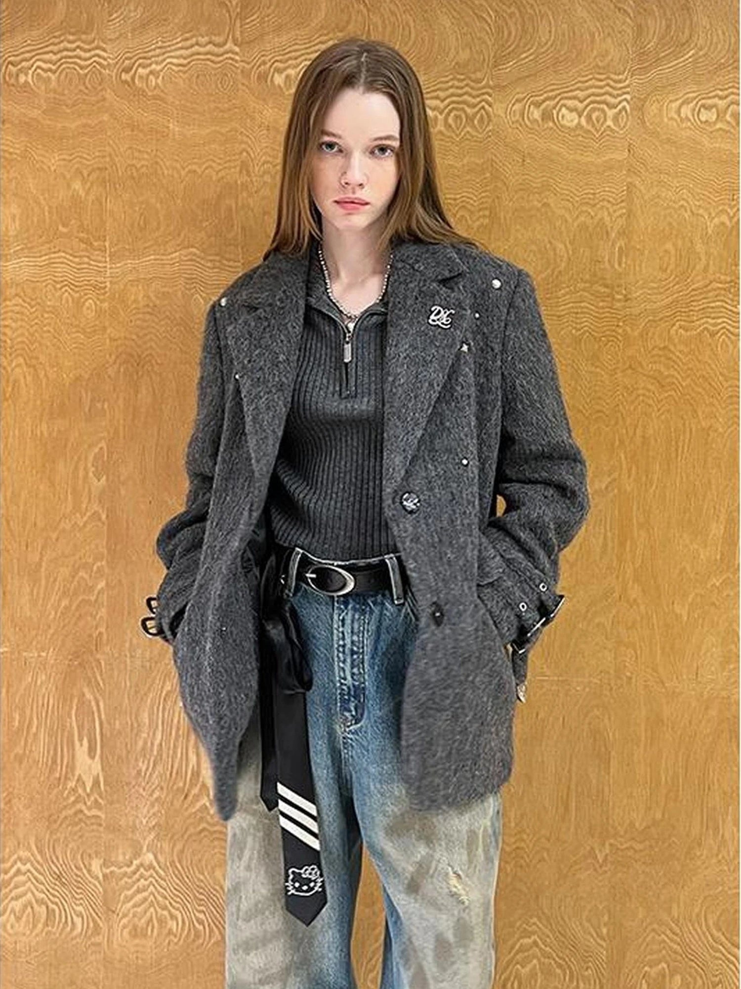 Grey Wool Blazer With Studs Shoulder Pads