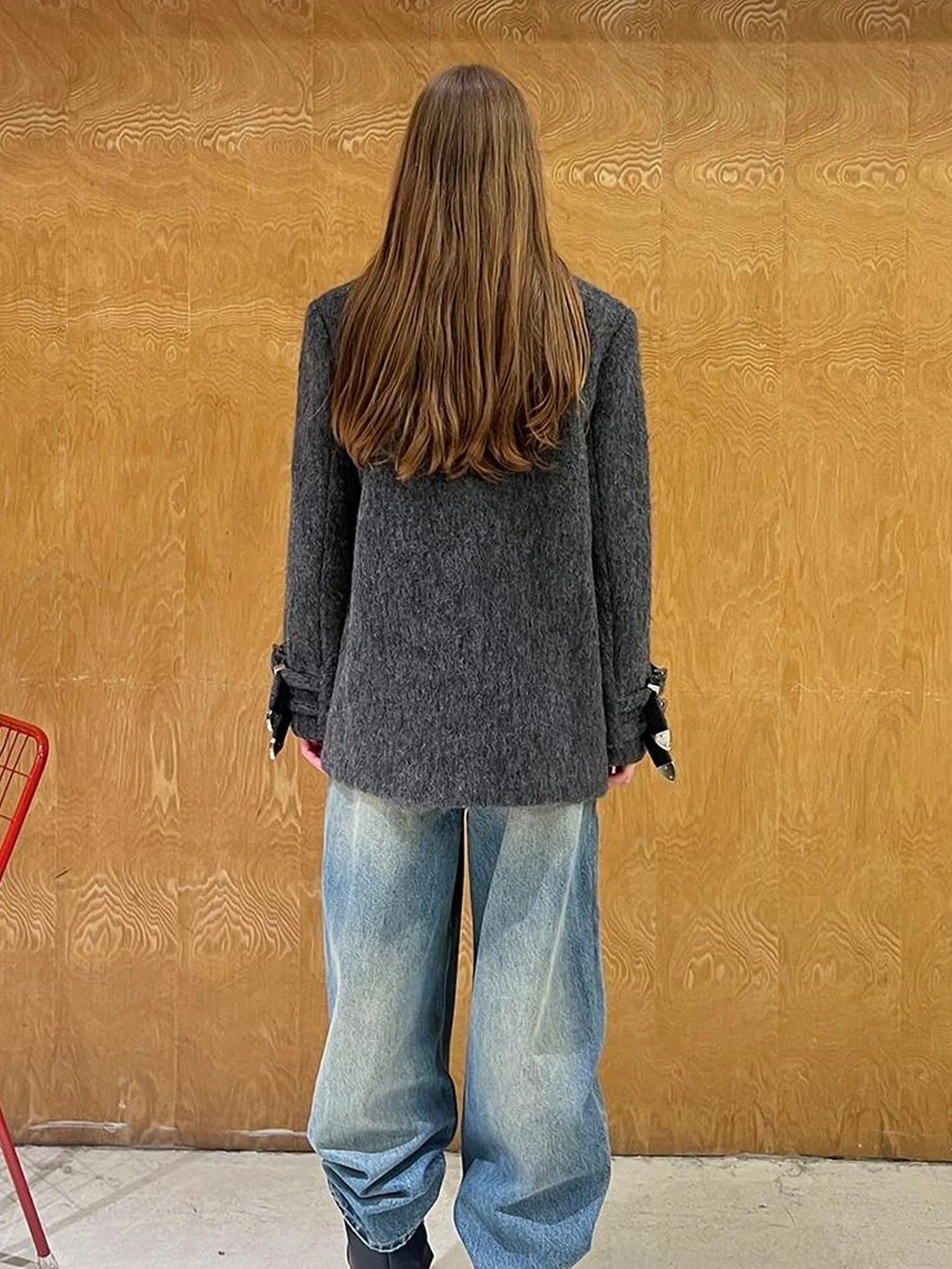 Grey Wool Blazer With Studs Shoulder Pads