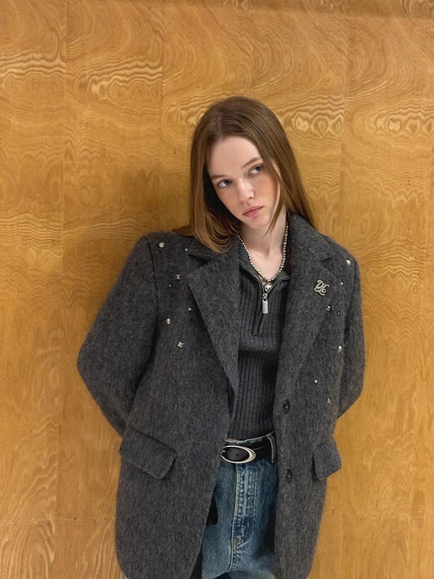 Grey Wool Blazer With Studs Shoulder Pads