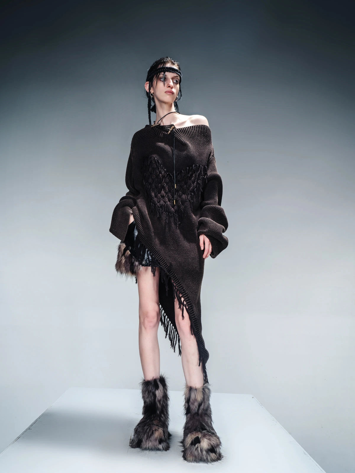Distressed Fringe Sweater With Asymmetric Hem