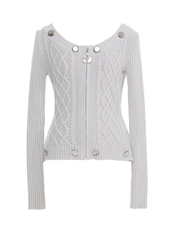 Cable Knit Crewneck Sweater Grey Cotton Cardigan