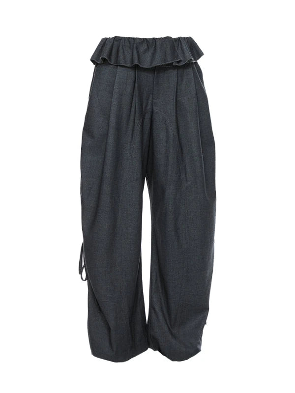 Grey Wool Tapered Trousers With Lace Trim