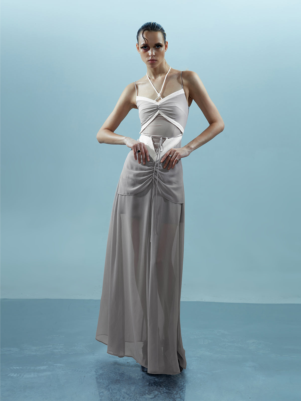 NN NORTH NODE Chiffon Gather Beaded Strap V-neck Dress