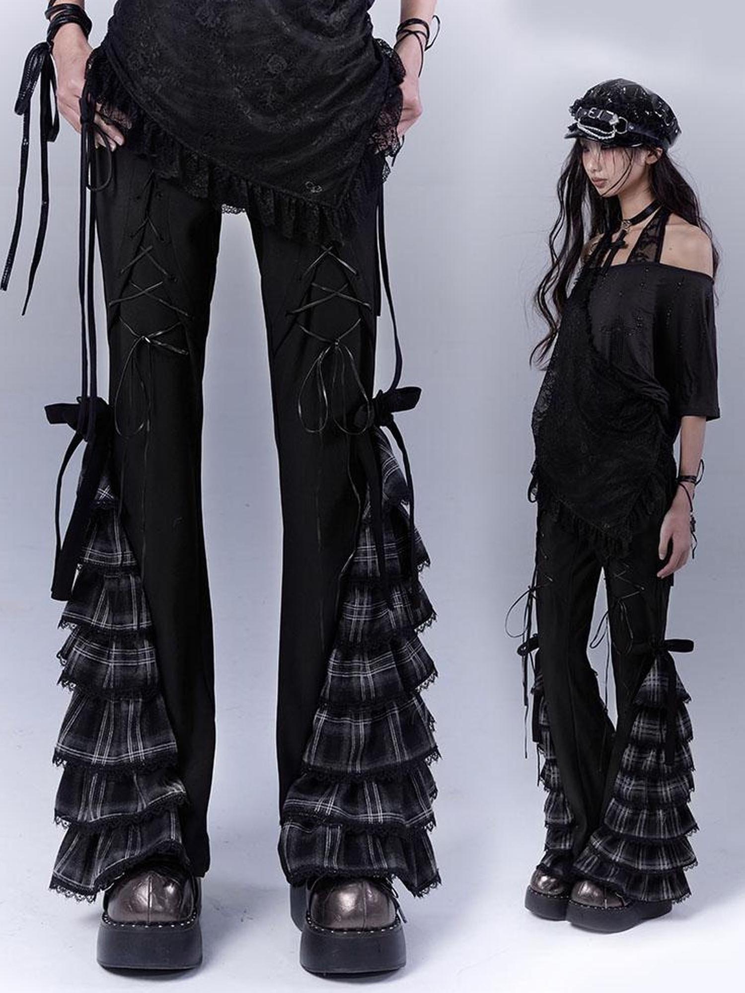 WSW WUSHENWU Grid Lace Punk Trousers Sweet Cool Asian Fit